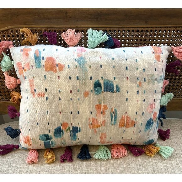 ANTHROPOLOGIE Decorative Pillow Multi-Colored Striped With Tassels - Picture 3 of 7